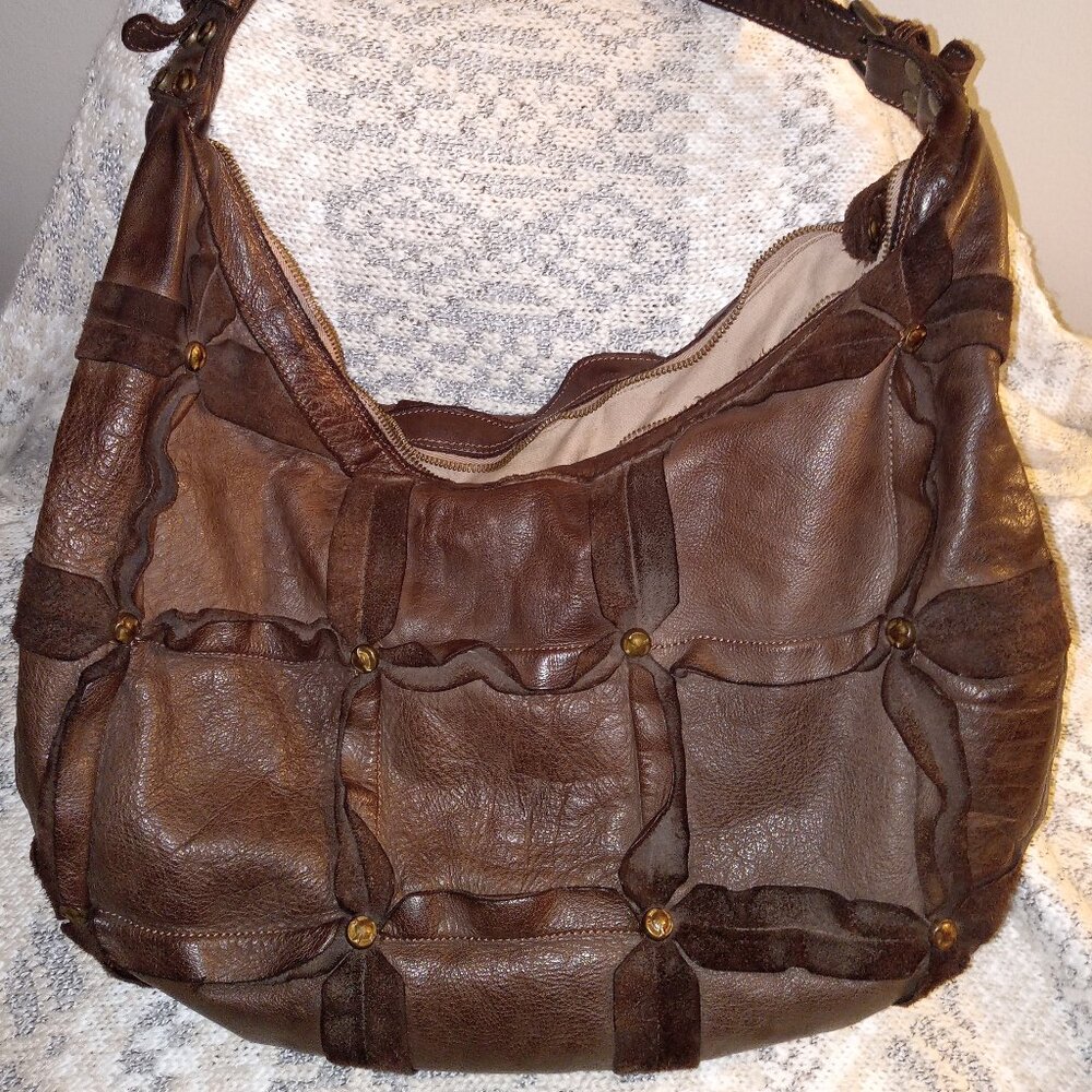 Civico93 Italian Dark Brown Boho Leather Patchwork Hobo Purse